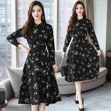 Vestido Midi femenino de manga larga con estampado Floral para otoño y primavera, traje negro ajustado, Estilo Vintage coreano 2024 - compra barato