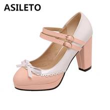 ASILETO New 2021 Ladies Pumps Round Toe 9.5cm Block Heels Buckle Bowtie Platform Patent Leather Patchwork Stylish Summer S2132 2024 - buy cheap