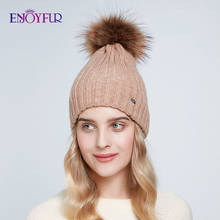 ENJOYFUR-gorros de invierno para mujer, pompón de piel de mapache, suaves, de doble forro, gruesos y cálidos 2024 - compra barato