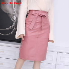 Falda hasta la rodilla de cuero auténtico para Mujer, falda elegante ajustada con cinturón, color rosa, talla grande, primavera 2021 2024 - compra barato