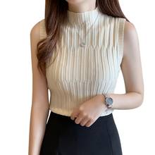 Female T-Shirt Summer Black Solid Knit Women Sexy Turtleneck Tee Tops Sleeveless Casual Elegant Ladies Tee 2024 - buy cheap