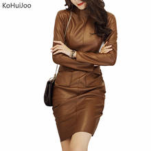 KoHuiJoo Fashion Long Sleeve Faux Leather Dress Full Sleeve Sexy Mini Womens Pu Leather Dresses Autumn Solid Sheath Dress Retro 2024 - buy cheap