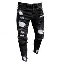 Модные мужские Стрейчевые брюки, потертые облегающие джинсовые брюки с лентами, брюки, царапинные джинсы 2024 - купить недорого