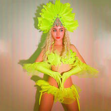 Tocado de plumas verdes fluorescentes para mujer, traje de Bikini para discoteca, espectáculo de plomo, escenario, cantante, Dj, Gogo, Festival, ropa VDB3385 2024 - compra barato