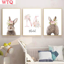 Rabbit Canvas Painting Girl's Custom Name Poster Bunny Print Nursery Wall Art Pink Flower Pictures Nordic Baby Room Decoration 2024 - buy cheap