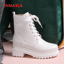 ENMAYLA 2019 Women Round Toe Lace Up Mid Calf Fashion Genuine Leather Boots Motorcycle Boots Short Plush Women Shoes Size 34-43 2024 - buy cheap