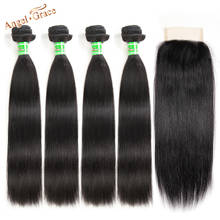 Angel Grace Hair Brazilian Straight Hair With Closure 4 Bundles With Lace Closure 100% Remy Human Hair Bundles With Closure 2024 - buy cheap