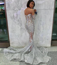 Luxury Crystal Silver Mermaid Prom Dresses Off The Shoulder Full Sleeves Sexy See Thru Prom Gowns Lace Formal Dress 2024 - buy cheap
