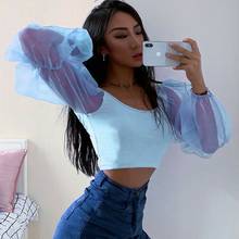 Women Slim Fit Casual Cropped Tops Sheer Low cut Spliced Casual Shirts Mesh Puff Sleeve Crop Top Stylish Blouse 2024 - buy cheap