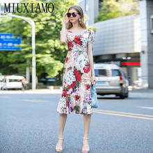 MIUXIMAO-vestido de verano de manga corta para mujer, prenda elegante con estampado de flores, de media pantorrilla, alta calidad, 2020 2024 - compra barato