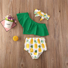 Free shipping Toddler Kids Baby Girls clothes bow Headband pineapple print shorts one shoulder solid Ruffle pullover Tops 3pc 2024 - buy cheap
