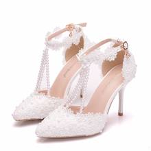 Crystal Queen Women High Heels Plus Size Embroidery Pumps Flower Ankle Strap Shoes Female Two Piece Sexy Party Wedding Pointed 2024 - buy cheap