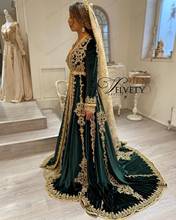 Марокканский кафтан со шлейфом, зеленое вечернее платье с длинным рукавом, кружевное мусульманское вечернее платье с аппликацией 2024 - купить недорого