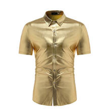 Camisa masculina metálica brilhante para festa, camisa masculina de manga curta slim fit dourada 2021 2024 - compre barato