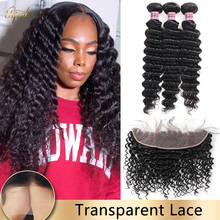 Hd transparente lace frontal com feixes de cabelo brasileiro onda profunda feixes de cabelo com feixes de cabelo humano frontal para mulheres negras 2024 - compre barato