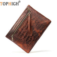 TOPHIGH New Genuine Leather Brown Clutch Business Trendy Pouch Women Clutch Bag Fashion Embossed Crocodile Envelope Handbag 2024 - buy cheap