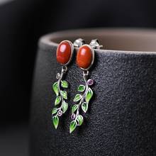 FNJ Enameling Leaf Earrings 925 Silver Original Pure S925 Sterling Silver Stud Earring Women Jewelry Red Agate Green Jasper 2024 - buy cheap