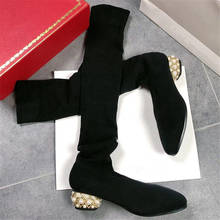 Over the Knee Boots Women Sock Boots Thigh High Boots Spring Square Toe Pearls Med Heels Shoes Woman Slim Knitting Stretch Boots 2024 - buy cheap