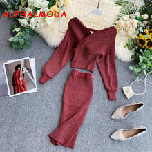 ALPHALMODAD 2019 Bright Silk Knitting V-neck Bat-sleeved Sweater + Wrap Hip Skirt Women Autumn Sexy 2pcs Suit Ladies Elegant Set 2024 - buy cheap