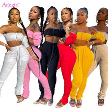 Adogirl Women Sexy Two Piece Set Off Shoulder 3/4 Sleeve Tube Strapless Crop Top Ruched Flare Pants Nightclub Suit Women Outfits 2024 - buy cheap
