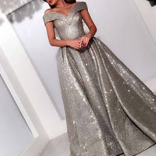 Saudi Arabic Sparkle Sequined Gray Prom Dresses 2021 Long Pleated A-line Prom Gowns Off The Shoulder Sexy Dresses Robe De Soiree 2024 - buy cheap