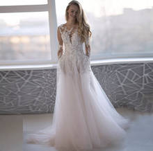 Dreamy Fairy Wedding Dress 2021 A-Line Long Sleeve Lace Appliques Sequins Button Tulle Sweep Train Bride Gown Vestidos De Noiva 2024 - buy cheap