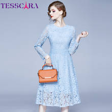 TESSCARA Women Autumn Elegant Blue Lace Dress Female Office Party Robe Femme High Quality Designer Wedding Cocktail Vestidos 2024 - buy cheap