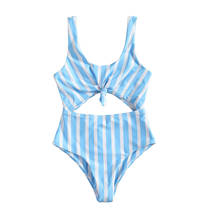 Little Girls Swimsuit Sleeveless Striped Print U-Shaped Neck Hollow Out Knot Blue Swimwear  2024 - buy cheap
