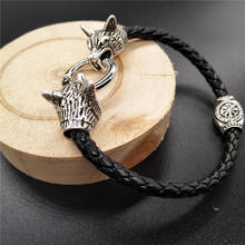 Norse Wolf Head Jewelry Trinity Runes Beads Viking Leather Bracelet Dropshipping 2021 2024 - buy cheap
