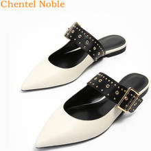 Designers Chentel Black Color Slippers Women Pointed Toe Flats Low Heels Ladies Shoes Rivet Band Buckle Slip On Female Mules 2024 - buy cheap