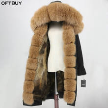 Oftbuy jaqueta de inverno feminina, casaco longo com gola de pele de raposa real, à prova d'água, gola com capuz 2024 - compre barato