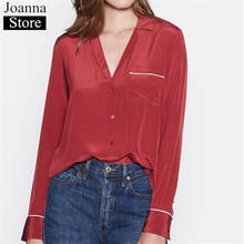 Spring Summer New 100%Silk Short Shirt Women Long Sleeve Splice Lapel Blouse Single-Breasted Pocket Red Casual Plus Size Clothes 2024 - buy cheap