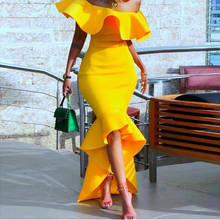 Vestido de noche de sirena con volantes y espalda descubierta para mujer, ceñido vestido largo amarillo, sin hombros, elegante 2024 - compra barato