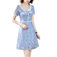 2020 New Summer Women Dress High Quality Runway Embroidery Peter pan Collar Blue Hollow Out Lace Dress Elegant Slim Dress 2024 - buy cheap