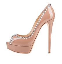 Sexy blush rebites peep toe salto alto plataforma bombas stiletto sapatos mulher nude sapatos de casamento festa de couro patente 2024 - compre barato