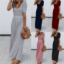 Elegant Women O-Neck Short Sleeve Simple Long Dress Summer Solid Color Casual Slim High Waist Robe Maxi Vestidos Holiday Clothes 2024 - buy cheap