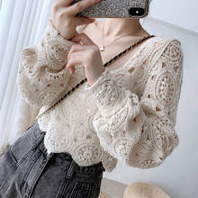 Ladies Sexy Embroidery Knitted Beige Vintage Lace Blouse Women 2021 Hollow Out Elegant Summer Blouses Lace Shirt Women Crop Tops 2024 - buy cheap