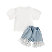 Infant Kids Girls 2-Piece Outfit Set Summer Puff Short Sleeve Round Neck Solid Color Loose Top Long Denim Lace Short Pants Set 2024 - buy cheap