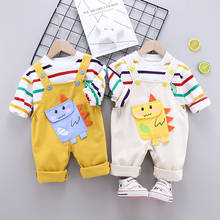Baby boy clothes spring autumn cute striped sweater cartoon dinosaur pocket bib 2-piece suit suit for boys children’s clothes 2024 - buy cheap
