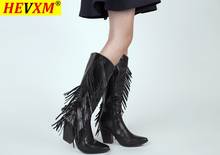Women 2020 New Pointed Toe Cowboy Boots Square High Heels Knee-High Boots Brown Soft Leather Slip on Tassel Western Boots 2024 - buy cheap