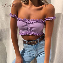 ArtSu-Crop Tops morados románticos para mujer, camiseta Sexy con volantes y Espalda descubierta, Top con hombros descubiertos, ropa de calle 2020 2024 - compra barato