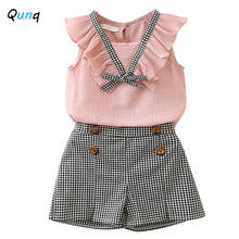 Qunq conjunto de roupas casuais infantis, roupas femininas de chiffon, colete xadrez e shorts, duas peças, 2021 2024 - compre barato