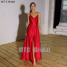 Long Red Evening Dress With Slit Backless Sexy Women Prom Gowns Pleat Satin Plus Size Wedding Party Dresses Robe De Soiree 2024 - buy cheap