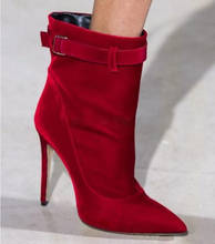 Fashion Red Black Velvet Ankle Buckle Ankle Booties Pointed Toe Stiletto Heel Slip on Short Boots Female High Heel Dress Heels 2024 - buy cheap