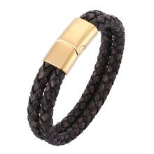 Retro Men Jewelry Punk Antique Black Double Braided Leather Bracelet Stainless Steel Magnetic Clasp Male Wristband Gifts SP0508 2024 - buy cheap