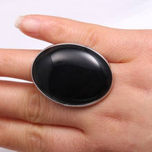 Anéis de pedra natural em formato oval, anel de dedo em aço inoxidável para mulheres e homens, onix preta ajustável, joias para presente de festa 30x40mm 2024 - compre barato