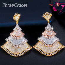 Threegraces Luxury 3 Tone Gold Cubic Zirconia Big Long Dangle Drop Earrings for Women Wedding  Accessorie Jewellery ER411 2024 - buy cheap