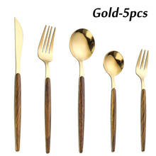5PCS Gold Silver Stainless Steel Metal Spoon Fork Knife Cutlery Set Western Flatware Tableware With Wooden Handle 2024 - купить недорого