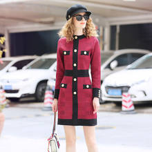 Vintage Hit Color Houndstooth Plaid Dress 2019 Autumn Winter Single Breasted Knitted Dress Bodycon Runway Sweater Dress Red Robe 2024 - buy cheap