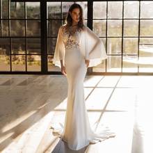 Mermaid Wedding Dresses 2021 Long Flare Sleeve Sheer O-Neck Lace Appliques Button Back Bridal Gown Soft Satin Sweep Train 2024 - buy cheap